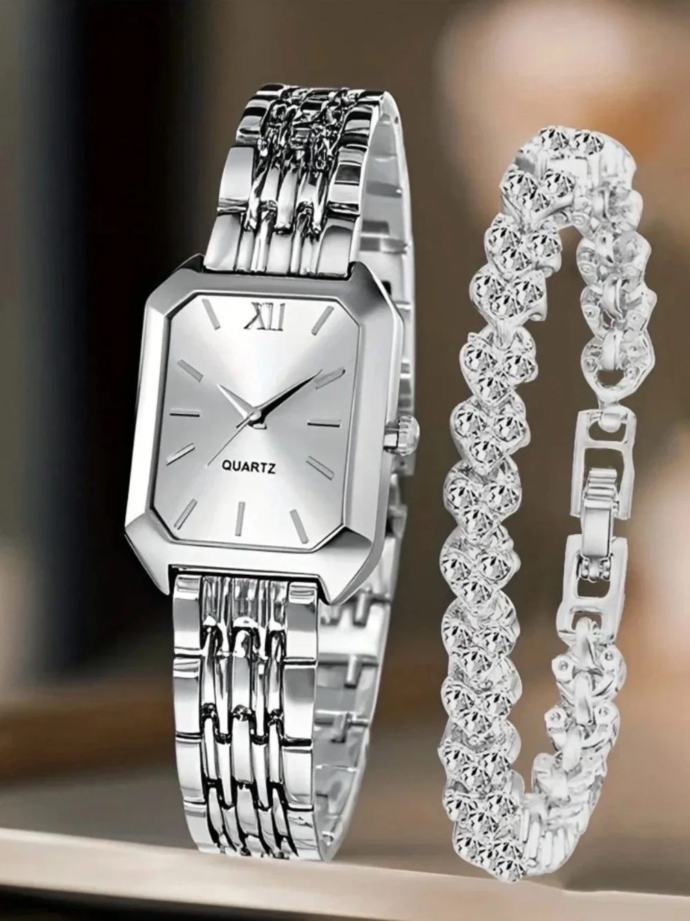 Women's Silver Quartz Bracelet Watch and Crystal Bracelet Set